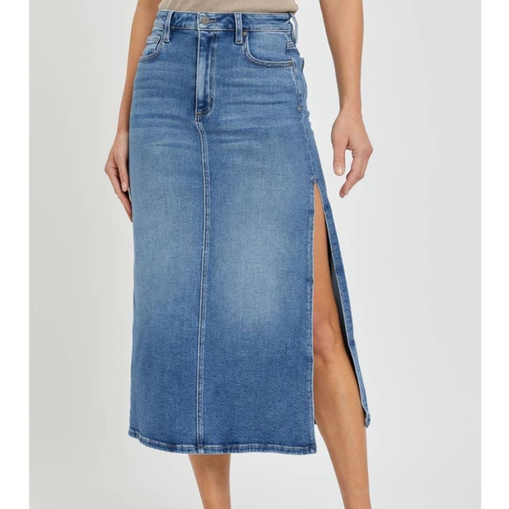 Classic Blue Denim “Hidden” stretch midi skirt
